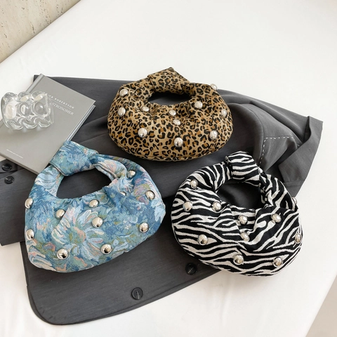 Damen Hobo Handtasche Stoff Tierdruck Leopard Zebra Floral Knotengriff Metallnieten Unterachsel Schultertasche Mode