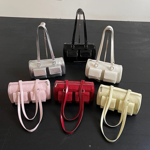 Borsa Sottobraccio In Pelle PU Lucida Donna Doppie Tasche Frontali Borsa A Tracolla Cilindrica Retro Fashion Boston Bag