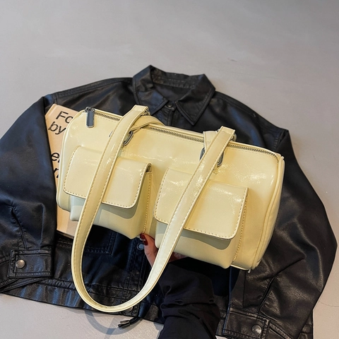 Borsa Sottobraccio In Pelle PU Lucida Donna Doppie Tasche Frontali Borsa A Tracolla Cilindrica Retro Fashion Boston Bag