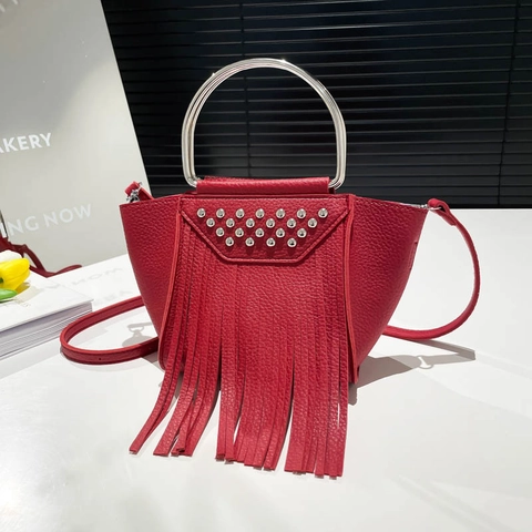 Women Handbag PU Leather Lychee Pattern Rivet Long Tassel Metal Ring Grip Crossbody Shoulder Bag Boho Style Trendy