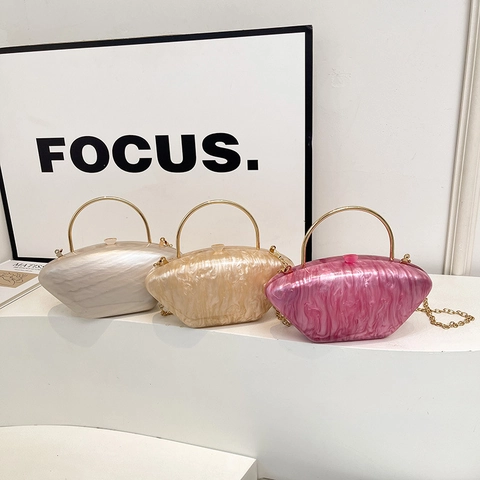 Vintage Shell Shape Acrylic Evening Clutch Bag With Marble Texture Metal Handle And Chain Strap For Women Party Wedding