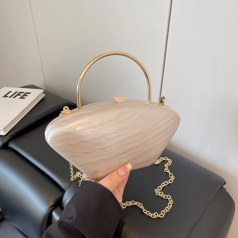 Vintage Shell Shape Acrylic Evening Clutch Bag With Marble Texture Metal Handle And Chain Strap For Women Party Wedding