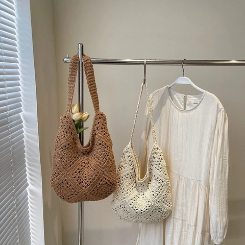 Gewebte Schultertasche Gehäkeltes Lochmuster Große Kapazität Tragetasche Handgefertigte Boho Sommer Strand Handtasche Magnetverschluss