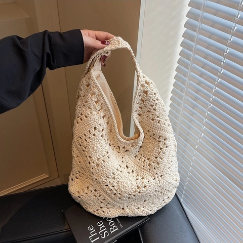 Gewebte Schultertasche Gehäkeltes Lochmuster Große Kapazität Tragetasche Handgefertigte Boho Sommer Strand Handtasche Magnetverschluss