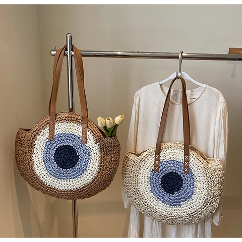 Damen Retro Gewebte Stroh Umhängetasche Große Kapazität Runde Evil Eye Muster Strand Urlaub Tote Lederband