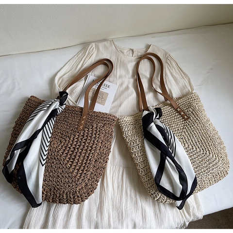 Große Gewebte Stroh-Tote-Tasche Mit PU-Ledergriffen Und Satinnschal Sommer Strandurlaub Lässige Handtasche Damen