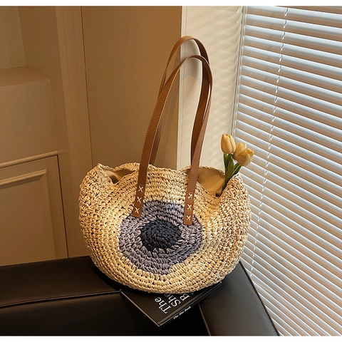 Damen Retro Gewebte Stroh Umhängetasche Große Kapazität Runde Evil Eye Muster Strand Urlaub Tote Lederband