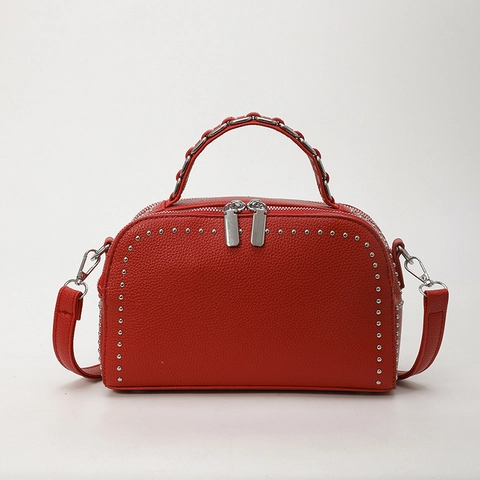Sac Boston Femme En Cuir PU Avec Rivets Argentés Sac À Main Rétro Bandoulière Large Sangle Géométrique