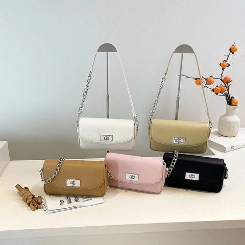 Women Shoulder Crossbody Bag Litchi Grain PU Leather Metal Chain Turn Lock Flap Square Simple Minimalist Versatile