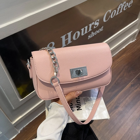 Women Shoulder Crossbody Bag Litchi Grain PU Leather Metal Chain Turn Lock Flap Square Simple Minimalist Versatile