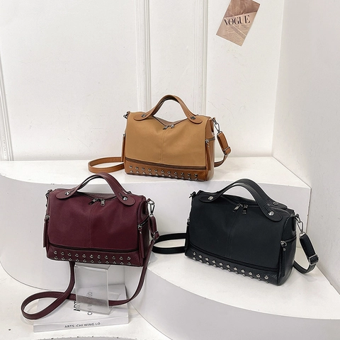 Women PU Leather Rivet Crossbody Bag Handbag Boston Style Lychee Pattern Multi Zipper Daily Fashion