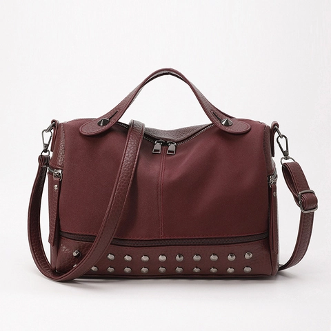 Women PU Leather Rivet Crossbody Bag Handbag Boston Style Lychee Pattern Multi Zipper Daily Fashion