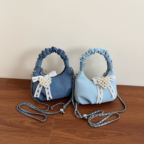 Borsa A Mano In Denim Mezzaluna Manico Arricciato Fiocco In Pizzo Ciondolo Cuore Perla Artificial Borsa A Tracolla Da Donna