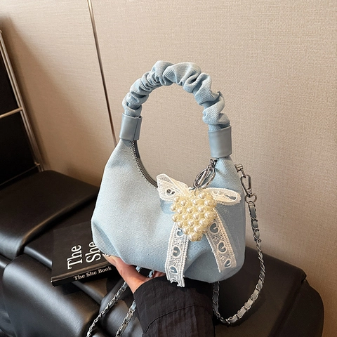 Borsa A Mano In Denim Mezzaluna Manico Arricciato Fiocco In Pizzo Ciondolo Cuore Perla Artificial Borsa A Tracolla Da Donna