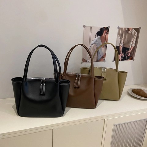 PU Leder Shopper Tasche Große Kapazität Pendler Handtasche Mit Kontrastnähten Doppelreißverschluss Trendy Schultertasche Damen