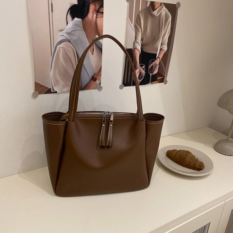 PU Leder Shopper Tasche Große Kapazität Pendler Handtasche Mit Kontrastnähten Doppelreißverschluss Trendy Schultertasche Damen