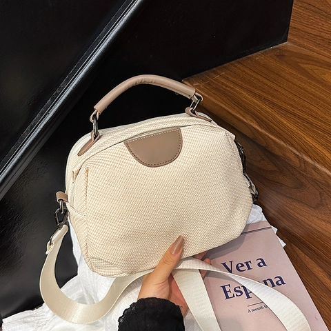 Damen Schulter Umhängetasche Strukturierte Webstoff PU Lederbesatz Große Kapazität Breiter Gurt Lässige Schicke Handtasche