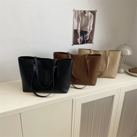 Large Capacity Tote Bag PU Leather Retro Simple Shoulder Handbag With Stitching For Women Work Commute