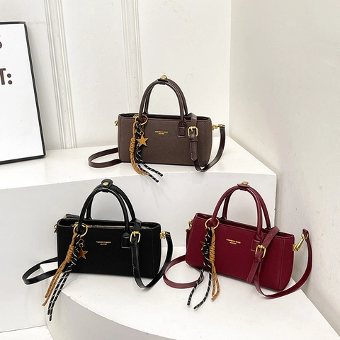 Women Frosted PU Leather Crossbody Bag Fashion Handbag Small Square Shoulder Bag With Star Pendant Braided Rope Decor