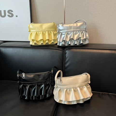 Sac Sous Le Bras À Volants Style Français Cuir PU Métallique Sac À Épaule Chic Sac À Main Baguette Pour Femmes