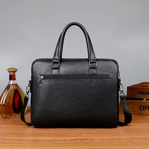 Maletín De Negocios Para Hombre Cuero PU Grano Lychee Gran Capacidad Bolsa Para Portátil Bolso De Mano Bandolera Vintage Profesional