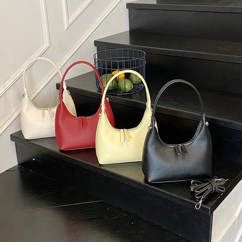 Bolso Hobo De Mujer De Cuero PU Grano Lichi Doble Cremallera Forma De Media Luna Bolso De Hombro Axila Moda Color Sólido