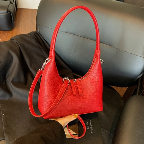 Bolso Hobo De Mujer De Cuero PU Grano Lichi Doble Cremallera Forma De Media Luna Bolso De Hombro Axila Moda Color Sólido