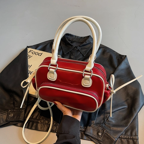 Borsa Boston Retrò In Pelle PU A Contrasto Da Donna Trendy Multitasche A Mano Tracolla Versatile Elegante