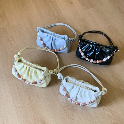 Bolso Nube Mujer Plisado Cuero PU Cadena Cuentas Bolso Axila Hombro Color Sólido Moderno