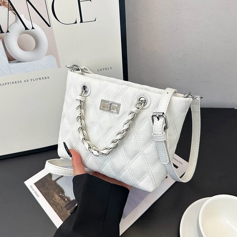 Bolso De Mano Acolchado Para Mujer Moda Cuero PU Cadena Bolso De Hombro Bandolera Con Cierre Giratorio Tote Elegante