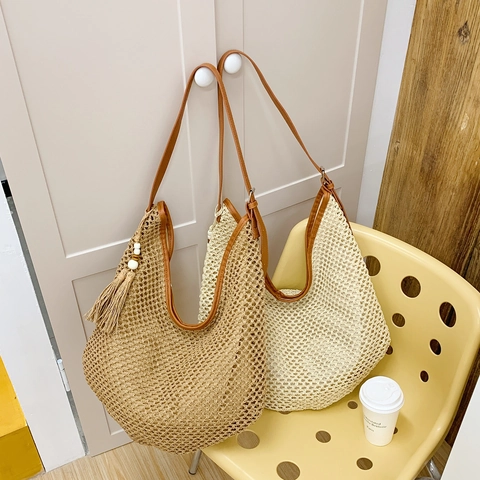 Grand Sac Hobo En Paille Tissée Pour Femmes Style Bohème Vacances Plage Sac À Épaule Avec Bandoulière En Similicuir Et Gland