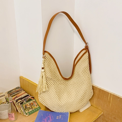 Grand Sac Hobo En Paille Tissée Pour Femmes Style Bohème Vacances Plage Sac À Épaule Avec Bandoulière En Similicuir Et Gland