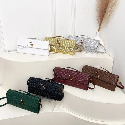 Vintage Woven PU Leather Baguette Bag For Women Retro Handheld Shoulder Crossbody Bag With Golden Hardware Flap Closure