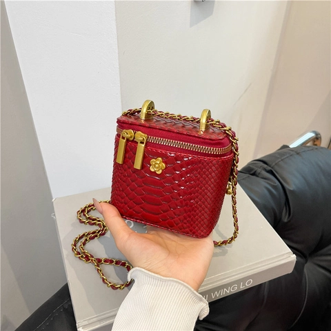 Mini Sac Boîte Motif Serpent Cuir PU Femmes Chaîne Dorée Double Fermeture Éclair Décoration Fleur Sac Bandoulière