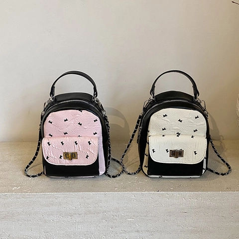 Mini Zaino Donna Pelle PU Texture Pieghettata Stampa Fiocco Tracolla Catena Metallo Borsa Mano Convertibile Urbano