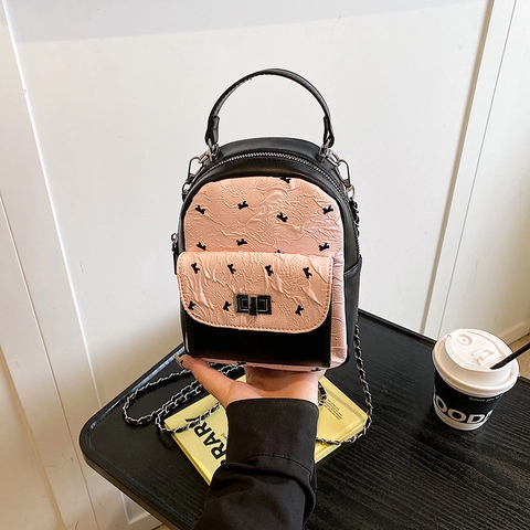 Mini Zaino Donna Pelle PU Texture Pieghettata Stampa Fiocco Tracolla Catena Metallo Borsa Mano Convertibile Urbano