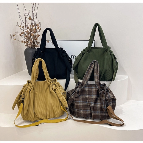 Bolso Dumpling Retro De Pana Y Cuadros Gran Capacidad Bolso De Hombro Cruzado Con Decoración De Nudo Para Mujer Diario