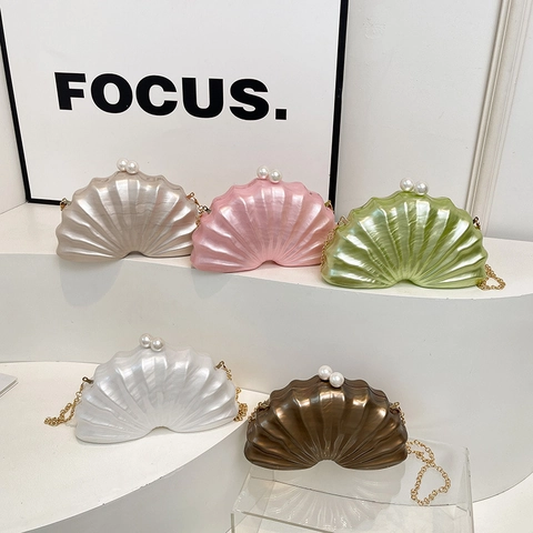 Shell Shaped Evening Clutch Bag Acrylic Pearlescent Hard Shell Crossbody With Artificial Pearl Clasp Gold Chain For Women