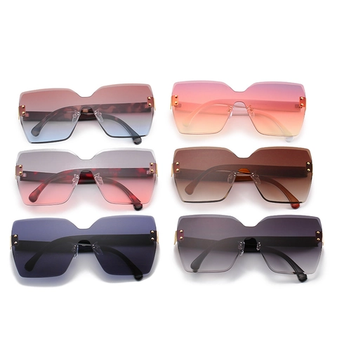 Damen Randlose Quadratische Übergroße Sonnenbrille Verlaufsgläser UV400 Schutz Mode PC Metall Niet Brillen Für Reisen Party
