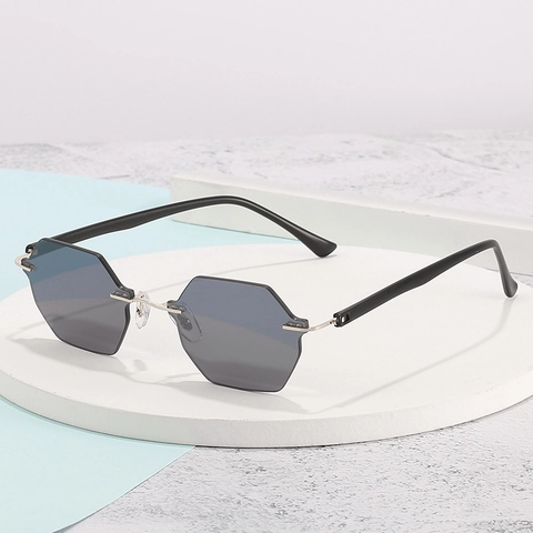Lunettes De Soleil Hexagonales Sans Monture Protection UV400 Bord Coupe Géométrique Monture Métal Femmes Hommes