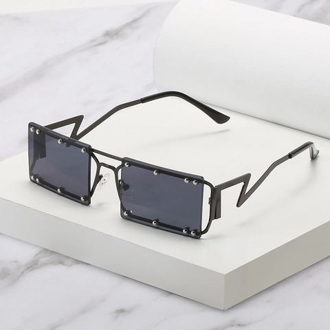 Lunettes De Soleil Carrées Rectangulaires Femmes Décoration Rivet Cadre Métallique Protection UV400 Y2K Punk Jambes Éclair