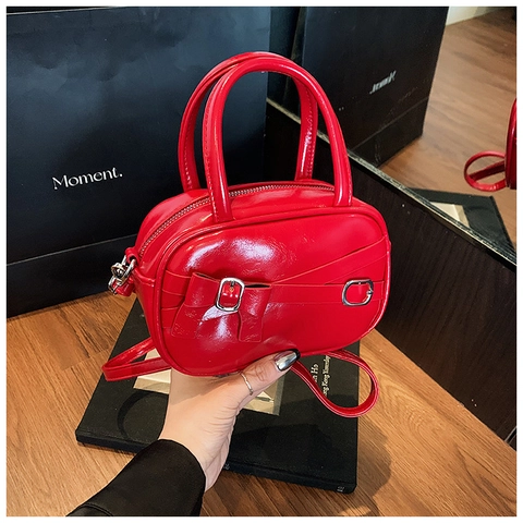 Mini Boston Handbag PU Patent Leather Bowknot Buckle Decorative Glossy Crossbody Bag For Women