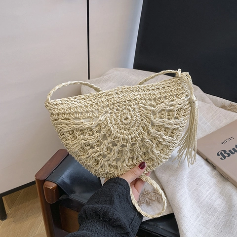 Stroh Gewebte Umhängetasche Durchbrochen Quaste Halbmond Handgemacht Boho Sommer Strand Urlaub Schultertasche Für Damen