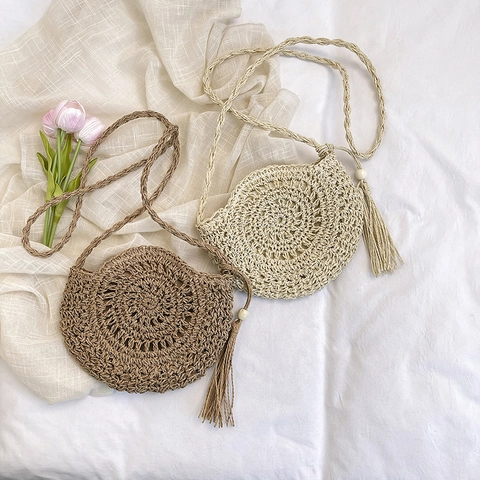 Runde Stroh Gewebte Umhängetasche Handgefertigt Mit Quaste Holzperle Sommer Strand Bohemian Stil Für Damen