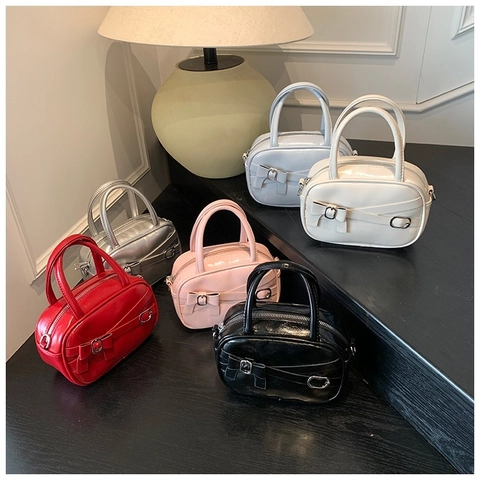 Mini Boston Handbag PU Patent Leather Bowknot Buckle Decorative Glossy Crossbody Bag For Women