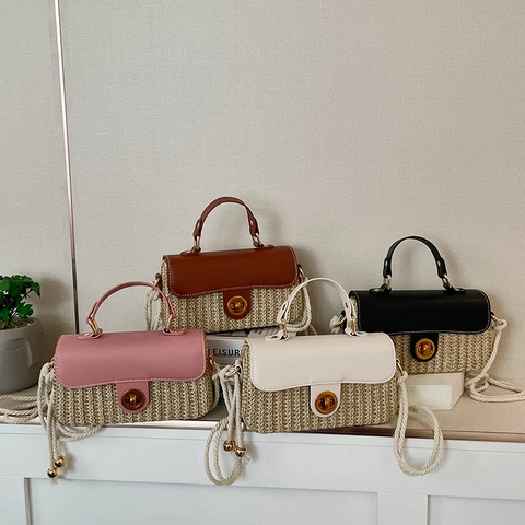 Borsa A Tracolla In Paglia Intrecciata Da Donna Patta In Pelle PU Tracolla In Corda Vacanze Vintage Quadrata Borsa Mano
