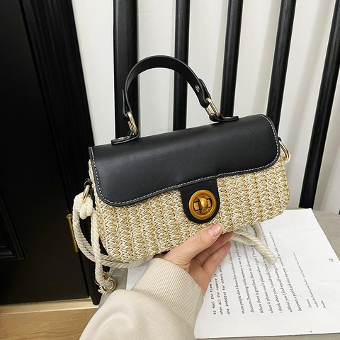 Borsa A Tracolla In Paglia Intrecciata Da Donna Patta In Pelle PU Tracolla In Corda Vacanze Vintage Quadrata Borsa Mano