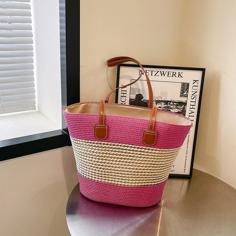Bolso Tote De Paja Tejida De Gran Capacidad Con Patrón De Rayas Y Asas De Cuero PU Cierre De Cremallera Verano Playa Para Mujer