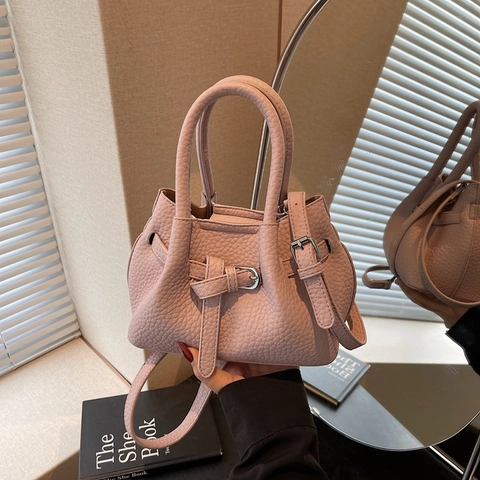 Pebbled PU Leather Women Handbag With Belt Buckle Decor Commute Shoulder Crossbody Bag Adjustable Strap Top Handle