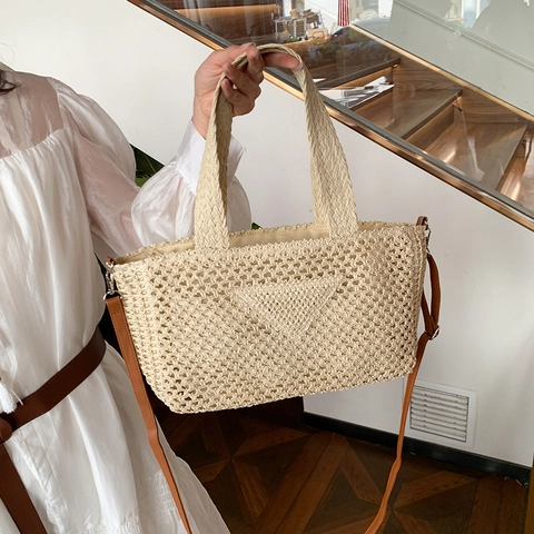Woven Straw Tote Bag Large Capacity Hollow Out Handbag With Brown PU Strap Summer Beach Vacation For Women